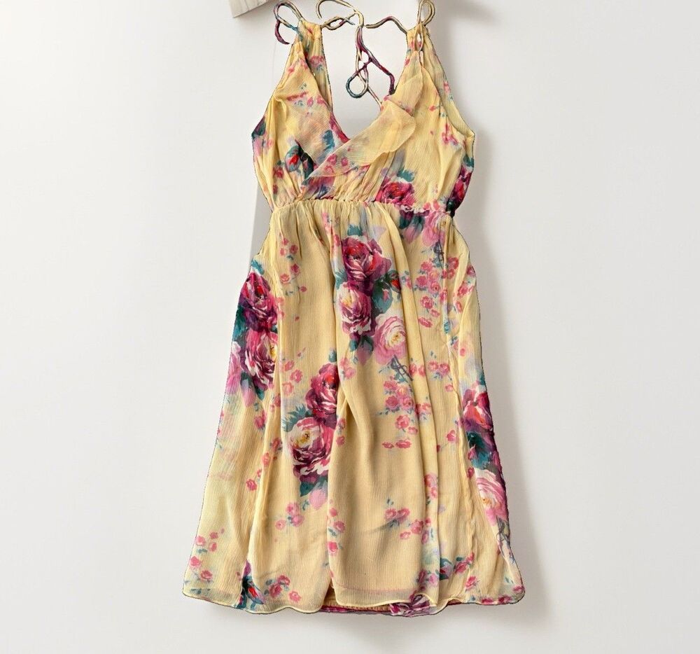 Anthropologie Meadow Rue Silk Floral Dress Size 0 Yellow Ruffle Romantic